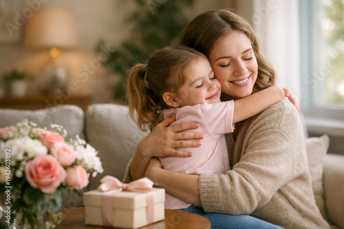 Young daughter hugging mother for Mothers Day celebration with gift box and roses on table