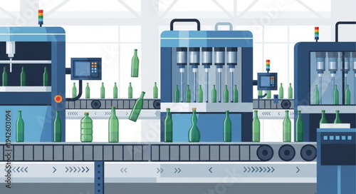 Bottling Line Manufacturing Process Illustration.