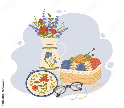 Handmade Hobby Kit with Embroidery Hoop, Basket, and Flower Vector