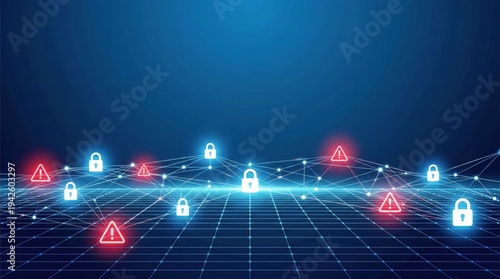 Cybersecurity concept abstract background with digital locks and red warning icons on blue grid
