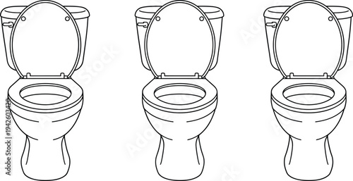 Open toilet bowl line art vector set, bathroom sanitation equipment illustration collection for plumbing design, hygiene concept, restroom fixture icons isolated on white background