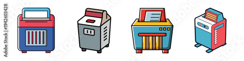 Four paper shredder machines in different colors and designs vector illustration