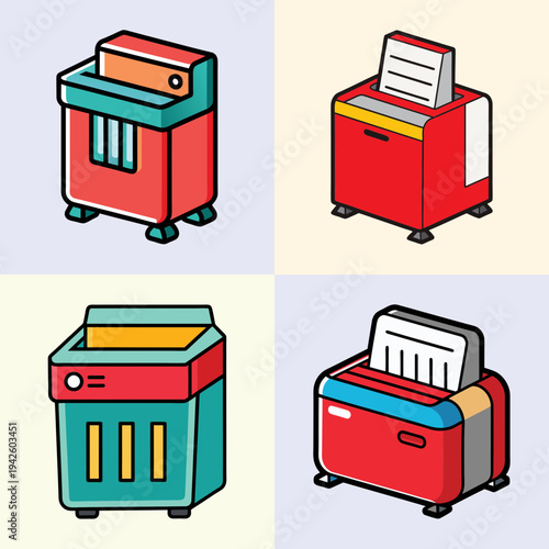 Four different paper shredder machines in flat design vector illustration