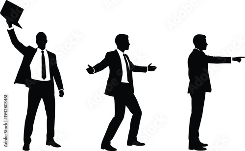 Set of businessman silhouettes showing presentation, pointing direction, and holding briefcase gestures, corporate leadership, professional office poses isolated on light background vector