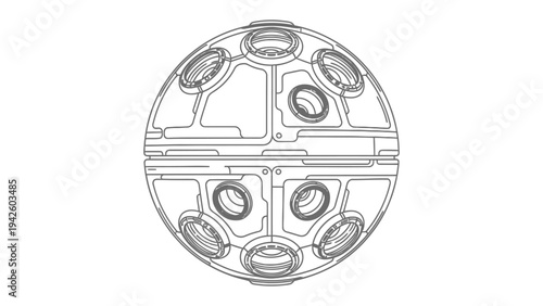 Futuristic Orb: This image features a detailed schematic of a futuristic orb, its intricate design suggesting advanced technology and innovation. 