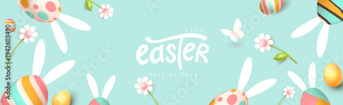 Happy easter banner background. Easter bunny and egg spring time