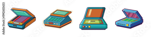 Four colorful portable scanners vector illustration, flat design, open and closed