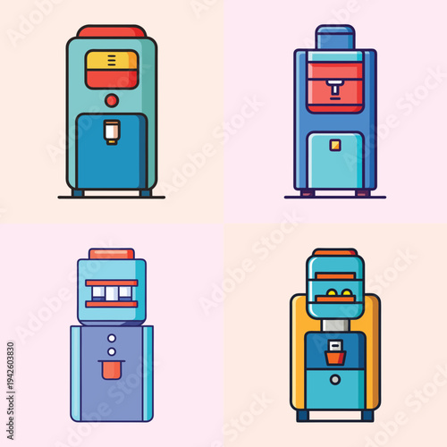 Four different water coolers vector illustration, flat design style, colorful
