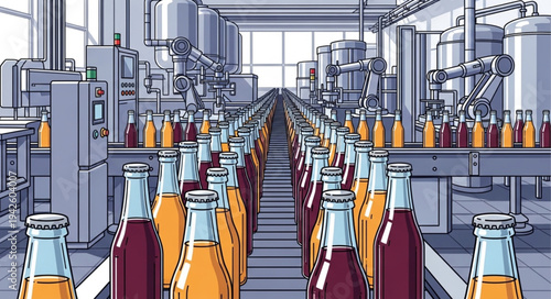 Bottles on Conveyor Belt in Factory.