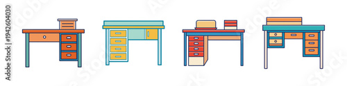 Four different office desks with drawers and various office supplies vector illustration