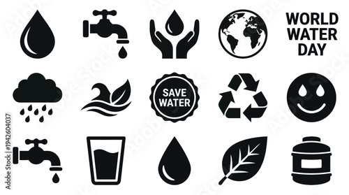 World Water Day Silhouette Icon Set for Conservation Campaigns, Infographics and Environmental Education Materials