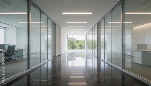 Spacious modern office hall with glass partitions, natural light, marble floor, and workspace. Clean, professional design for business efficiency and productivity.