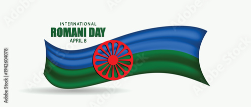 International Romani Day with waving Romani flag celebrating culture heritage unity vector poster
