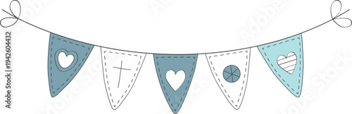 Decorative string of pastel blue and white triangular flags with heart and cross symbols