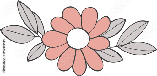 Pink flower with petals and gray leaves in a simple illustration style