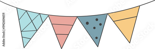 Colorful decorative triangular flags in pastel shades arranged on a string