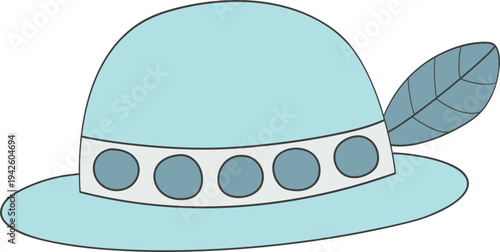 Light blue vintage hat with decorative feather and circular band.