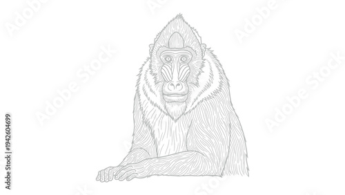 Baboon Line Art: A detailed line drawing of a baboon, showcasing its unique facial features and fur texture with intricate linework, presented in a simple, graphic style.