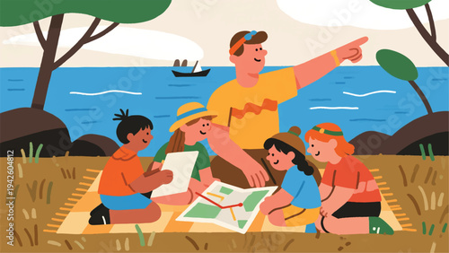 Illustration Of A Family Sitting Together On A Mat While Reading A Map Vector Design Template