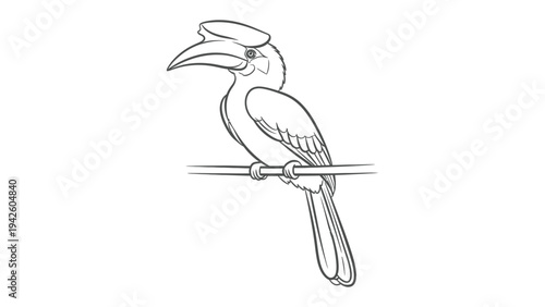 Photos Hornbill sketch : This black and white illustration of a hornbill sitting on branch, offering a simplified and elegant aesthetic, perfect for various creative projects