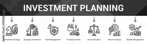 Investment Planning  Modern and clean web banner illustration vector featuring thematic icons