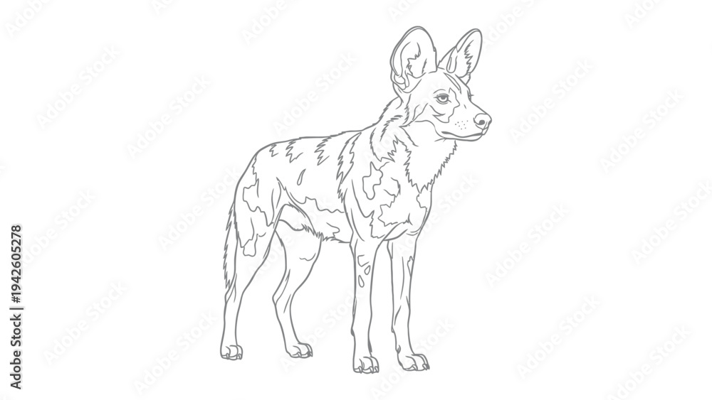 Obraz premium African Wild Dog Outline: A detailed line drawing of an African wild dog, highlighting its unique coat pattern and alert posture, ready to be colored.