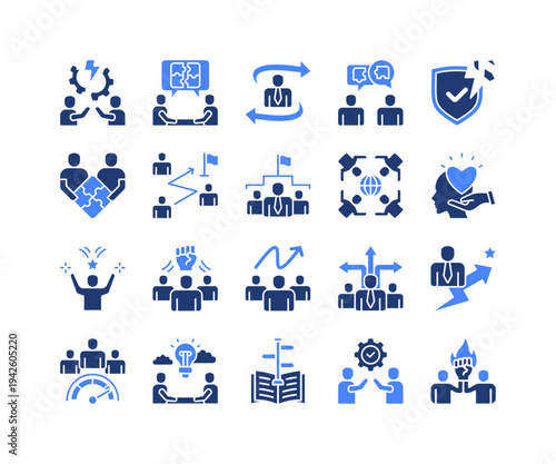 Conflict Resolution Icon Collection,  featuring Conflict Management, Empathy, Diversity, Guidance, Support, Personal Development, Collaboration.