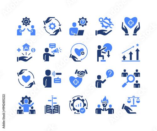 Community Support Icon Collection,  featuring Support, Assistance, Helpdesk, Service, Advocacy, Counselling, Empowerment.