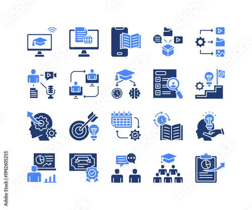 Digital Learning Icon Collection,  featuring Online Learning, Online Course, Multimedia, Interaction, Assessment, Certification, Schedule.