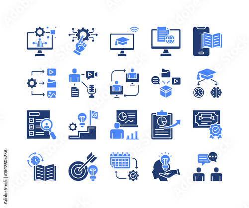 Education Technology Icon Collection,  featuring Technology, Mobile Learning, Content System, Statistics, Reporting, Objective.