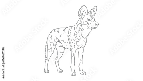 African Wild Dog Outline: A detailed line drawing of an African wild dog, highlighting its unique coat pattern and alert posture, ready to be colored.