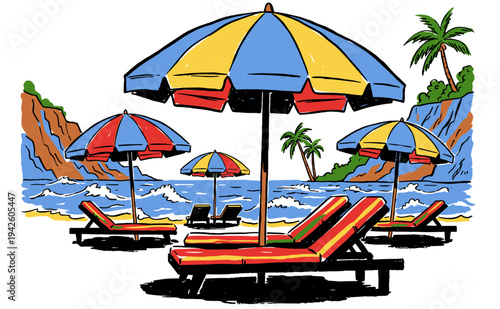 Beach club. Endless summer artwork. Tropical vintage design. Sun loungers and umbrellas graphic print for poster, sticker and leisure lifestyle.