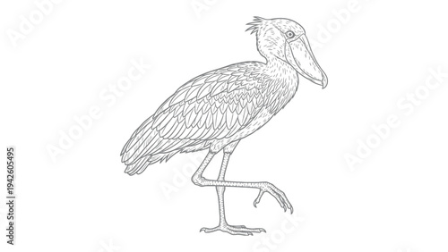 Shoebill Stork Illustration: A detailed line drawing of a majestic shoebill stork, showcasing its distinctive large beak and elegant form.