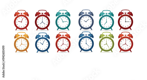 Collection of colorful alarm clocks in red, blue, green, and orange displays various times arranged in two horizontal rows.