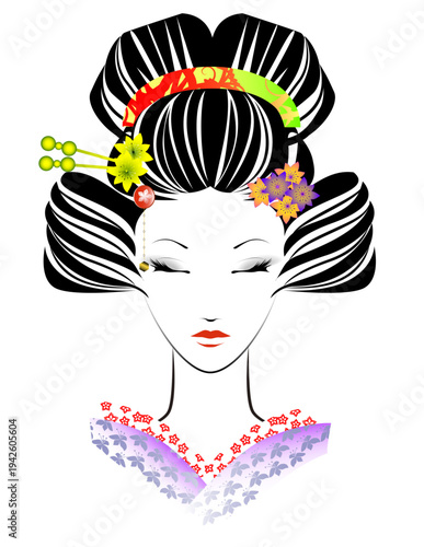 女性の顔、日本髪、着物