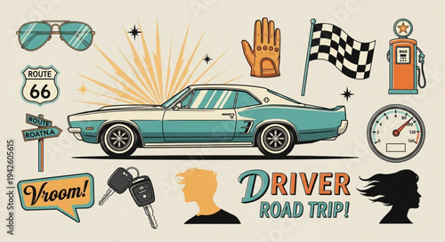 Vintage Road Trip Car Culture Collage with Classic Car and Accessories.