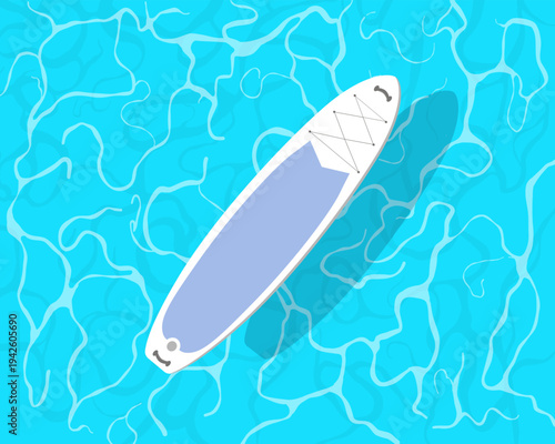 Paddle boarding. Top view on sup board floating in clear marine water in sunny day. Light reflections on water surface.