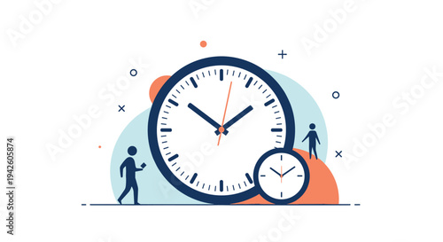 Large clock face with human figures and a smaller clock symbolizes time management, busy schedules, and punctuality concepts.
