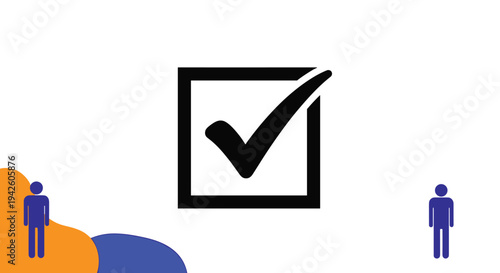 Large checkmark inside a square box is accompanied by blue human figures and colorful abstract shapes in the bottom corners.
