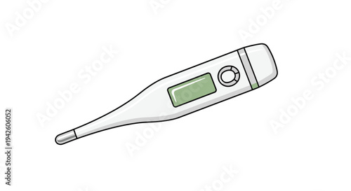 Modern digital clinical thermometer used for measuring body temperature is shown in a clean white and green flat design style.