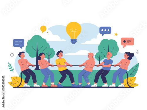 People pull rope in team competition.