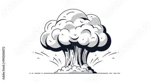 Dramatic hand drawn sketch of a massive mushroom cloud explosion shows thick billowing smoke rising from the impact site.