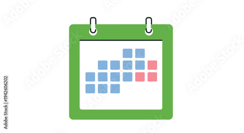 Green wall calendar icon displays various blue and red square blocks representing scheduled appointments and busy dates.