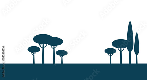 Dark blue silhouettes of various trees are arranged in two groups across a horizontal landscape under a clear white sky.