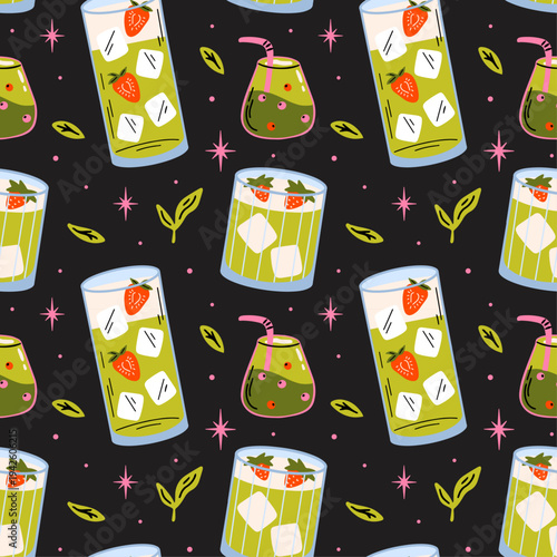 Matcha Lover vector seamless pattern with illustration of japanese tea drink, matcha latte drink, cocktail for bar, restaurant, kawaii cafe menu design, food blog background