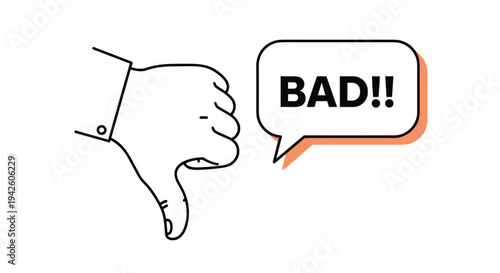 Bold line drawing of a thumbs down gesture is paired with a speech bubble saying bad to convey negative review or rejection.