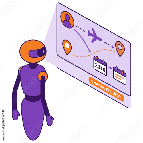 Robot plans travel itinerary on digital map with airplane and locations