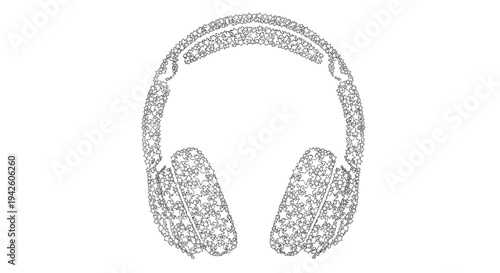 Artistic stippling or dotted illustration of over ear headphones is shown in a minimalist black and white pointillist style.