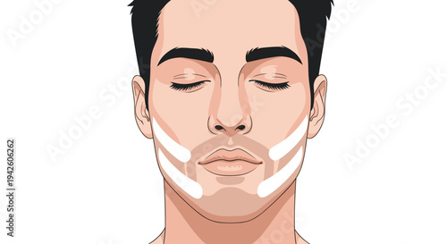 Close up portrait of a mans face with closed eyes shows white patches applied to his cheeks for skincare or medical treatment.