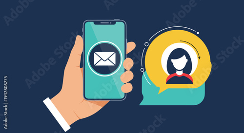 Human hand holds a smartphone displaying an email icon next to a speech bubble containing a female avatar on a dark background.